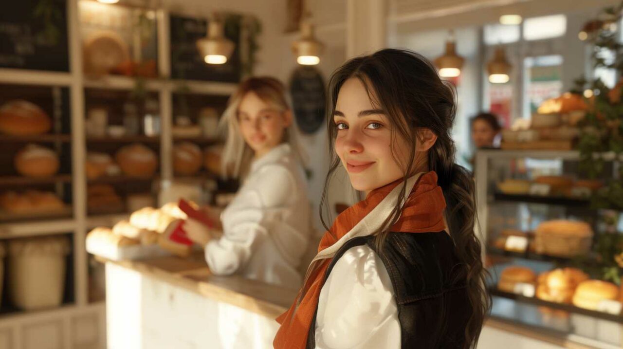 Young women smiling in cozy bakery with fresh bread