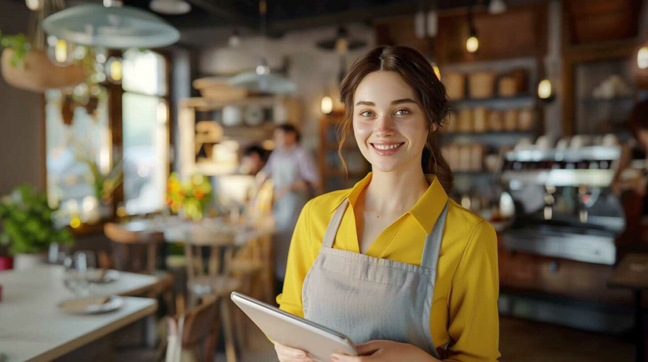 Smiling waitress with tablet in sunny café interior