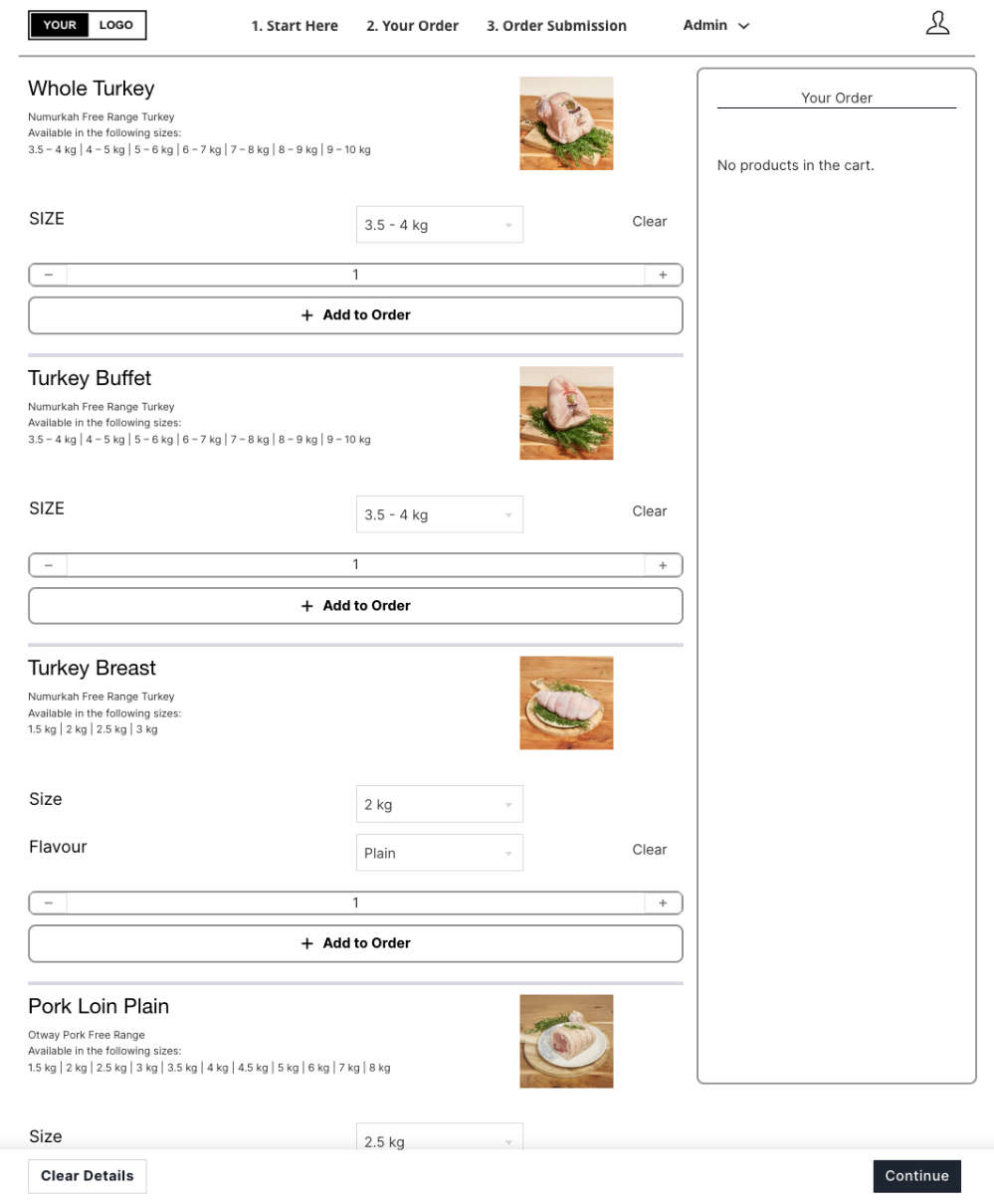 Screenshot of online meat ordering website page