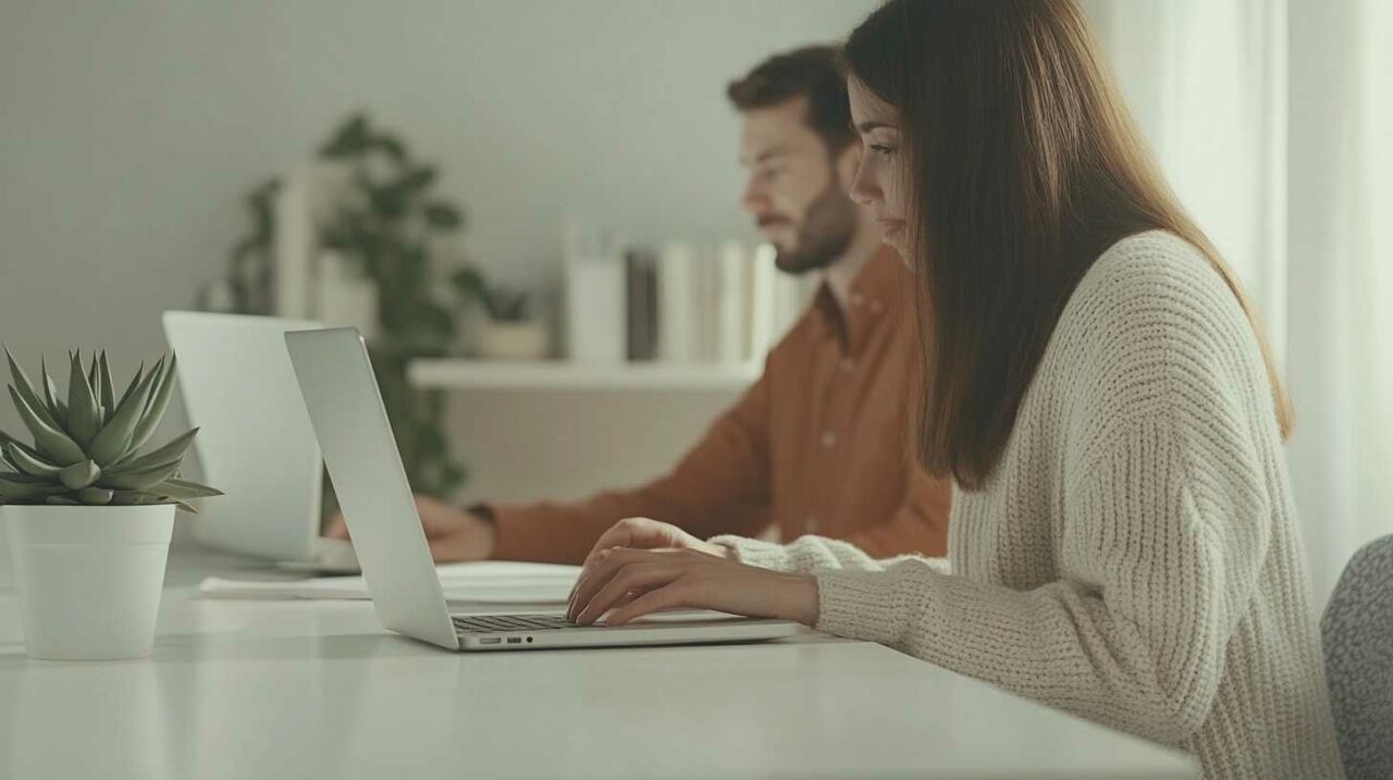 Couple working on laptops in minimalist home office