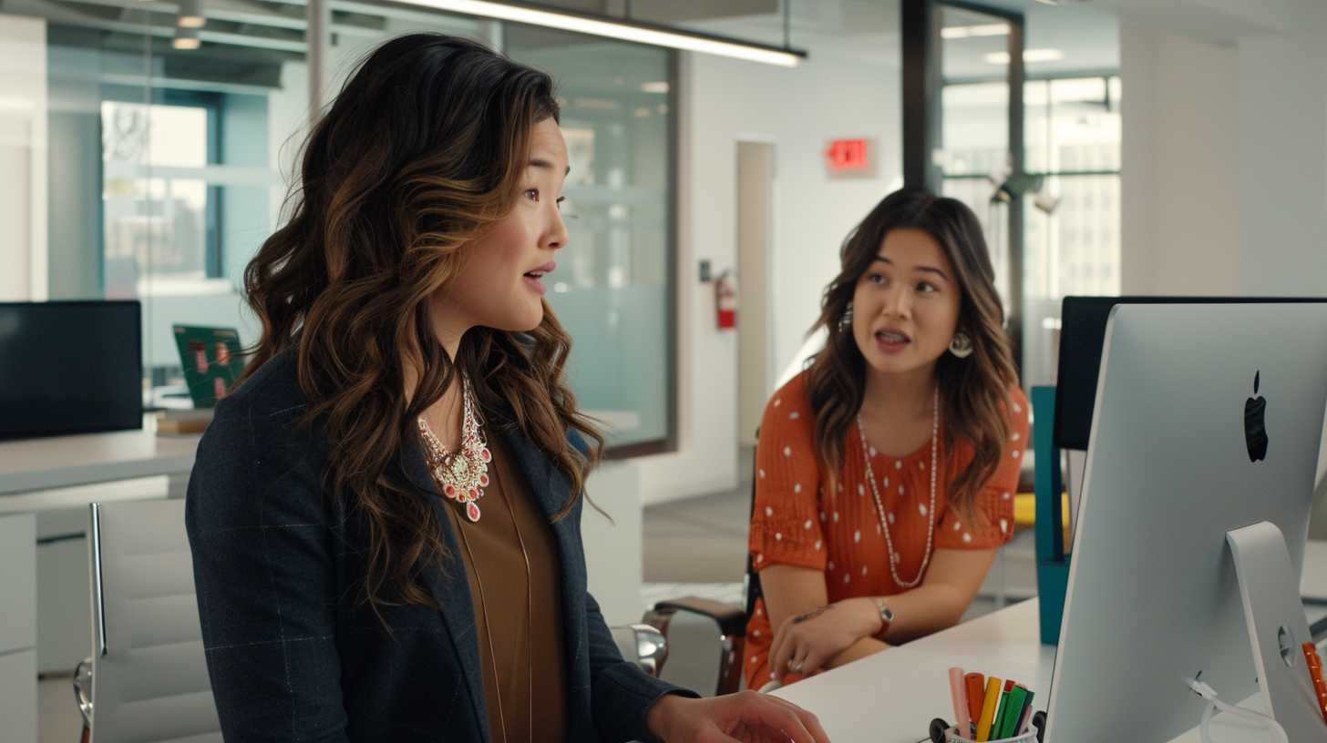 Two women discussing work at modern office desk