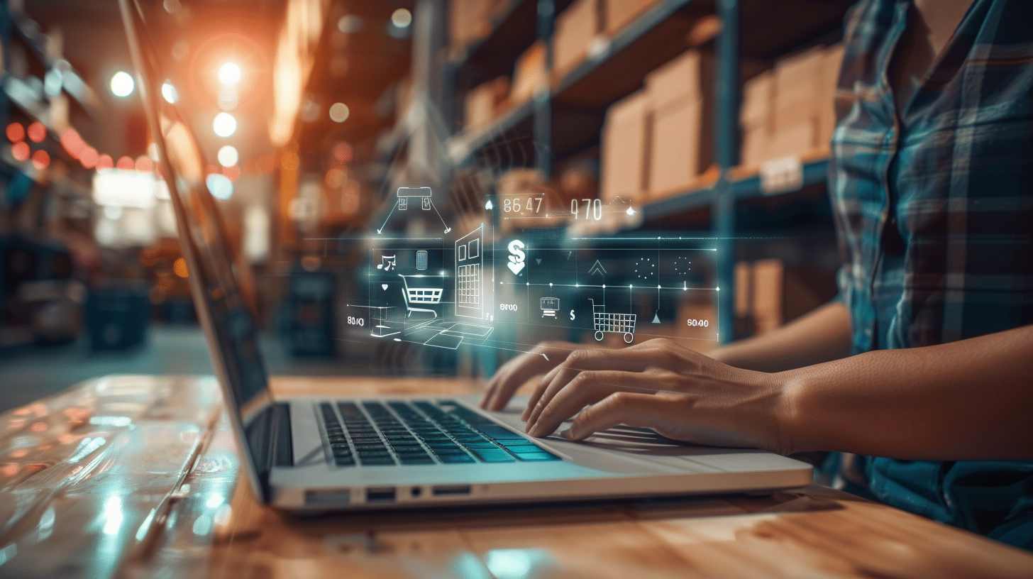 Person using laptop with digital interface in warehouse