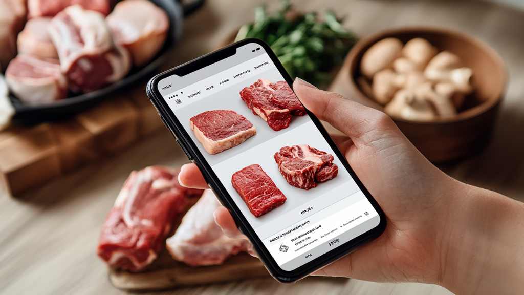 Person shopping for meat cuts on smartphone app