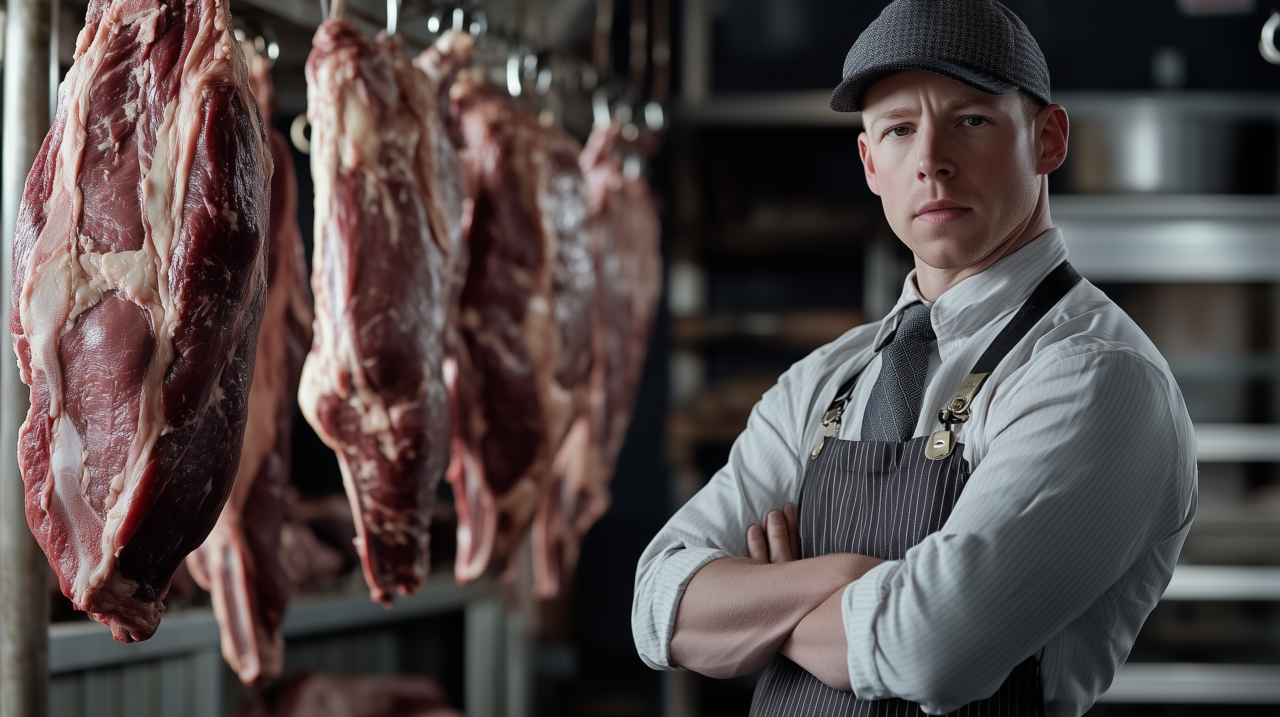 Butcher in cap with arms crossed behind hanging meats