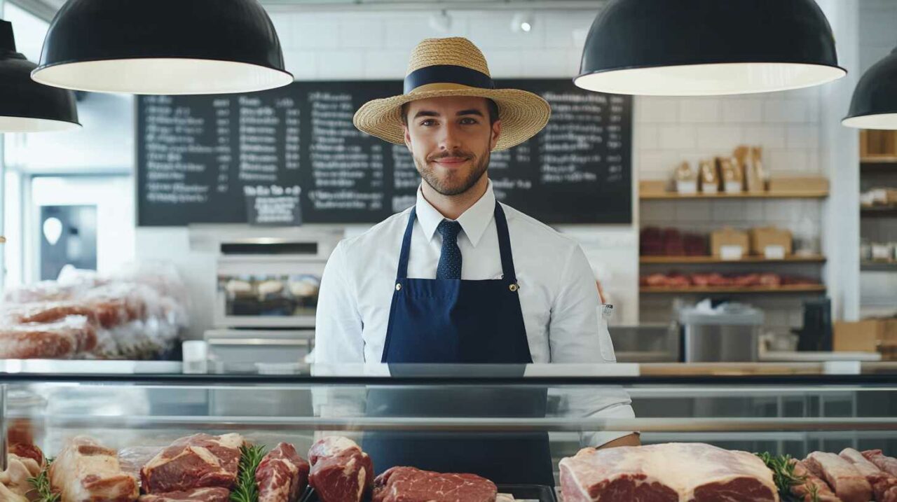 Australian butcher smiling behind counter in meat shop