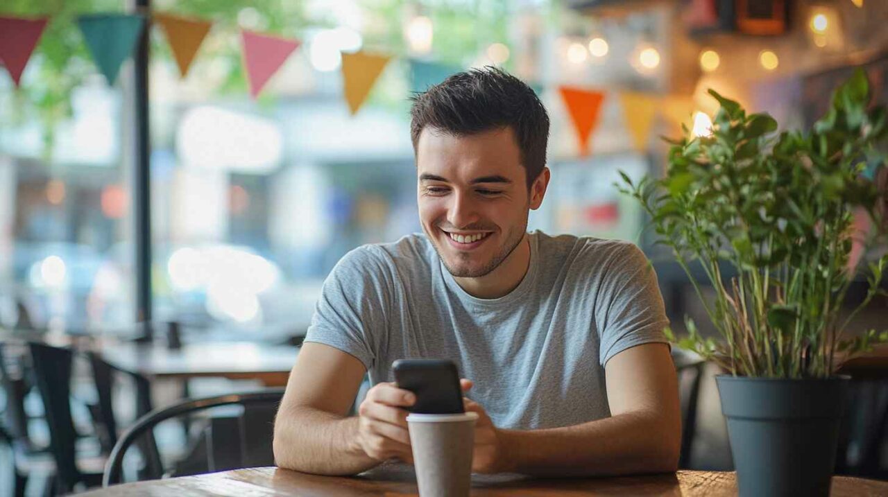 Young man smiling at phone in cozy cafe