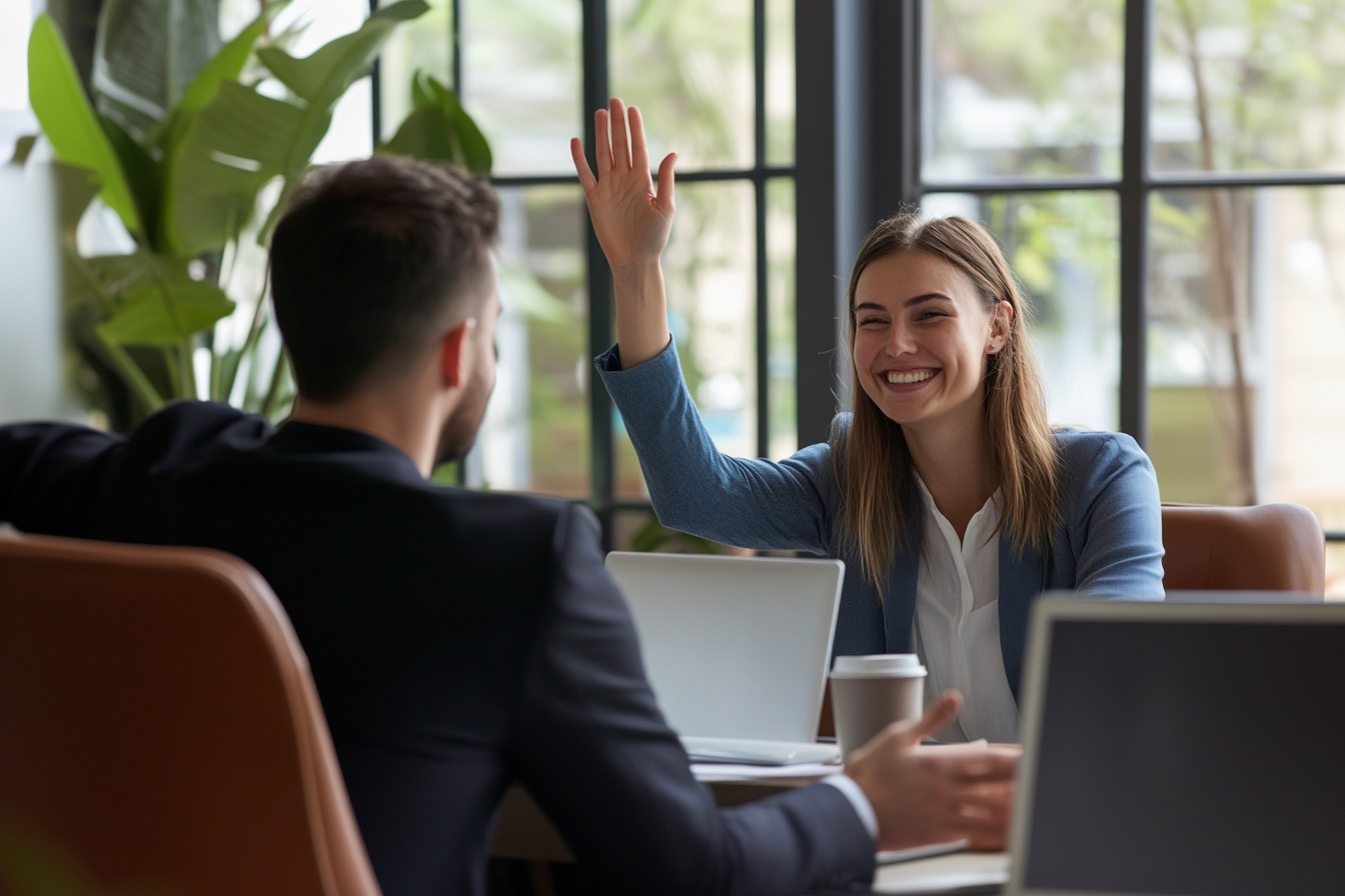 Woman raising hand in business meeting with colleague