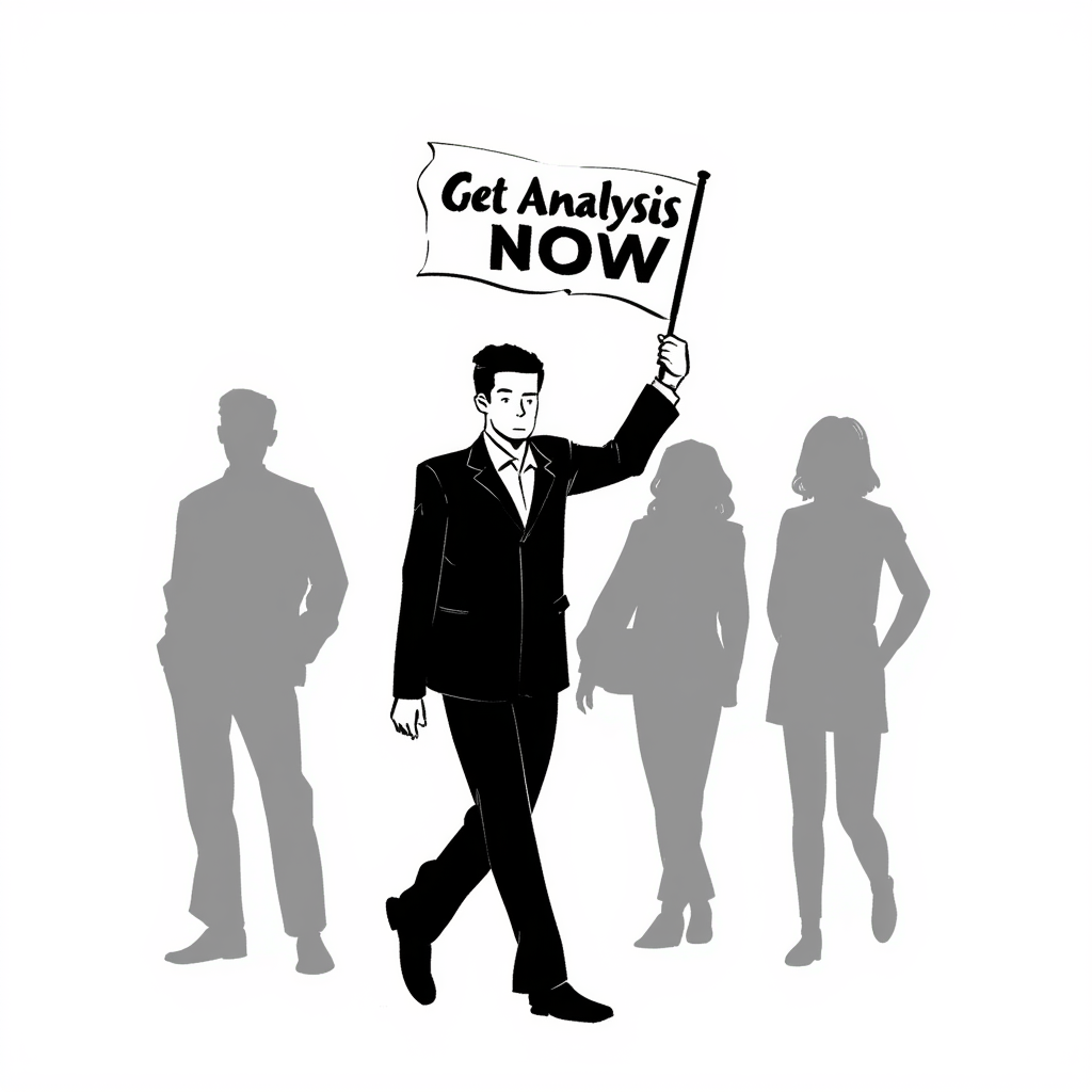 Man holding 'Get Analysis Now' sign with silhouettes