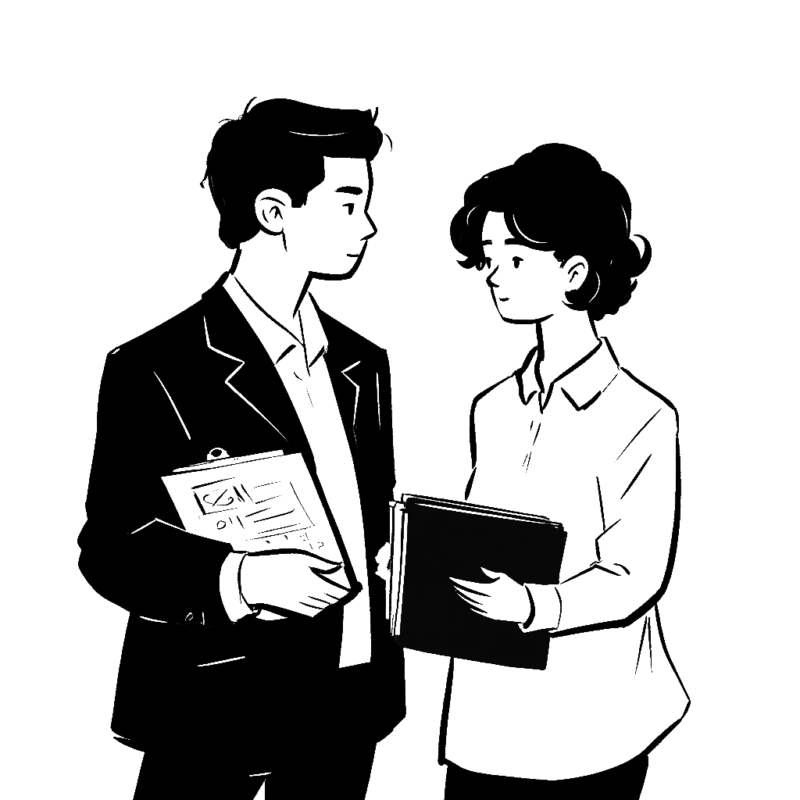 Silhouetted male and female professionals discussing with documents