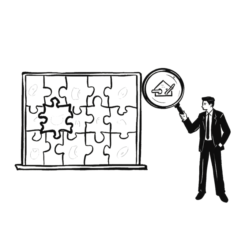 Man with magnifying glass examining puzzle board