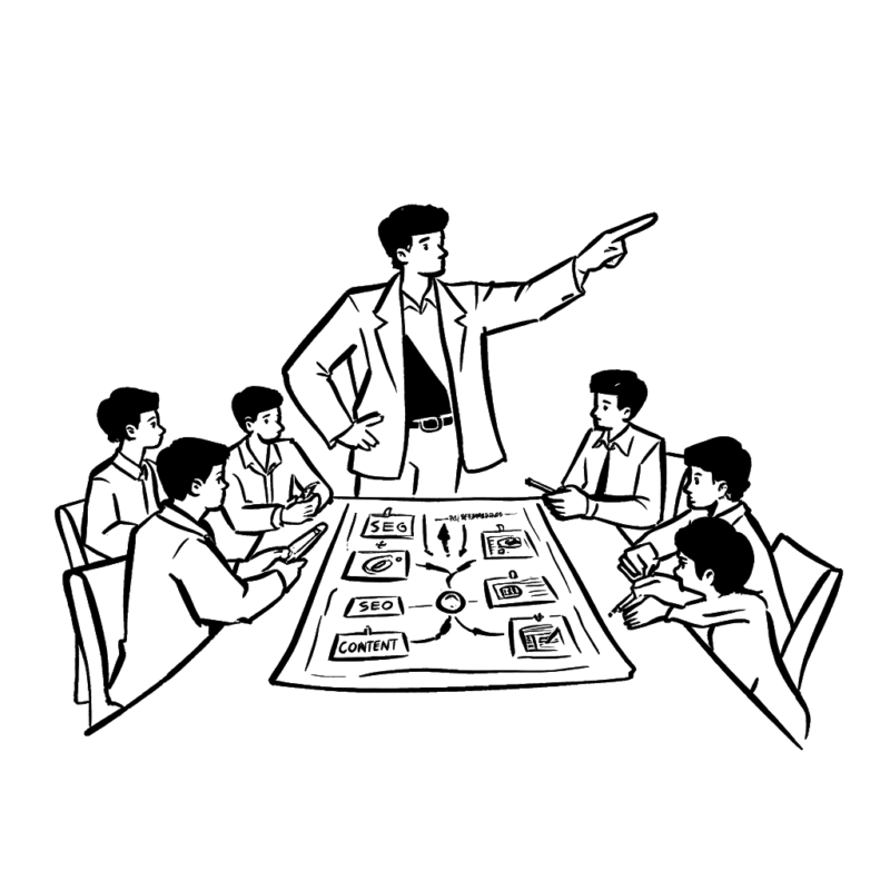 Silhouette of business meeting with leader gesturing.