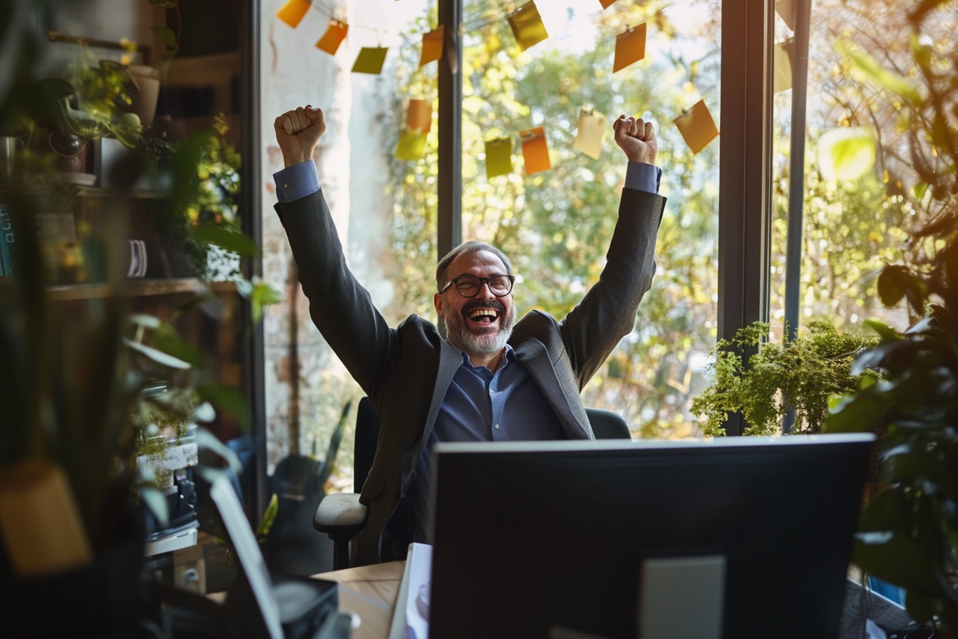 Joyful businessman celebrating success in office