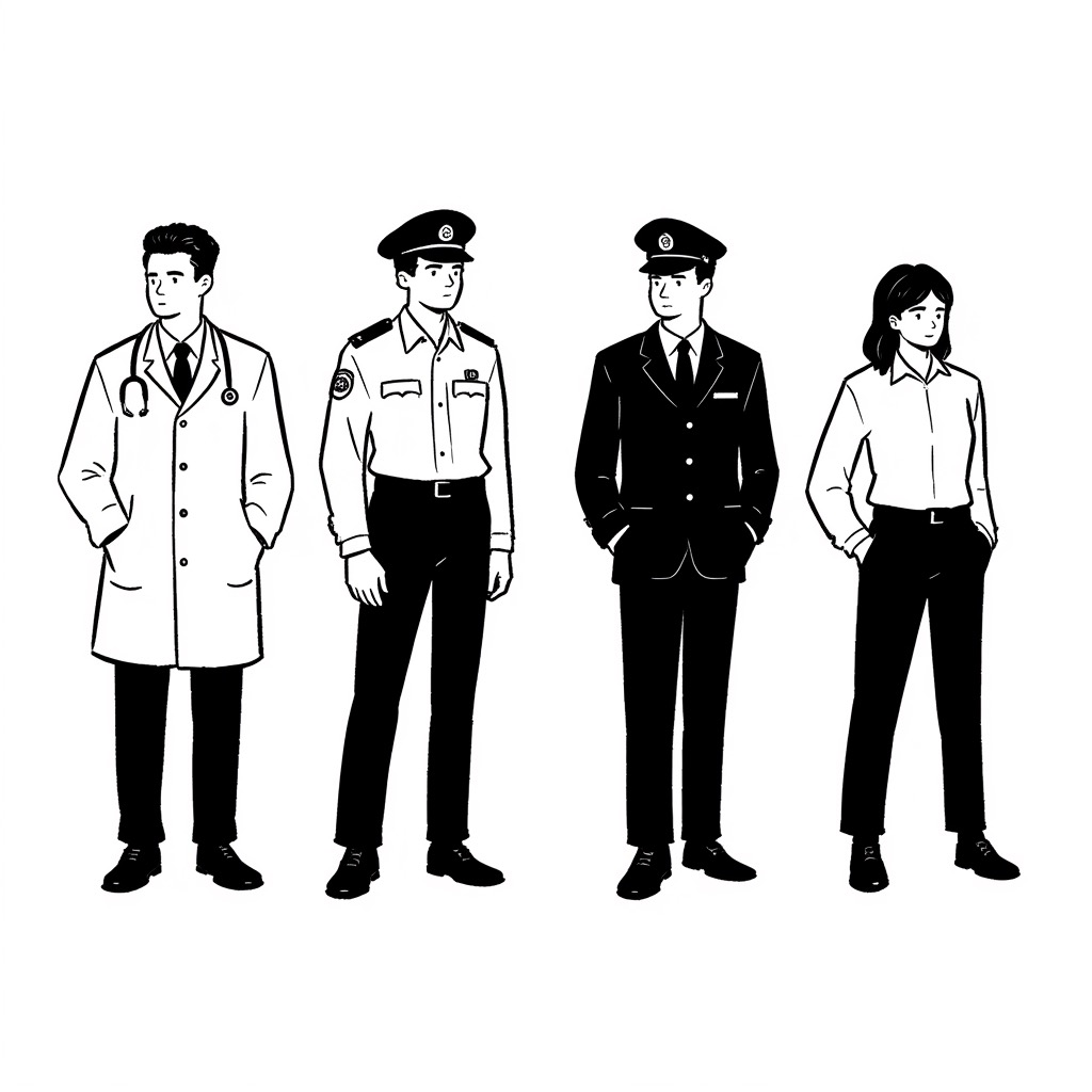 Illustration of four people in different professional uniforms.