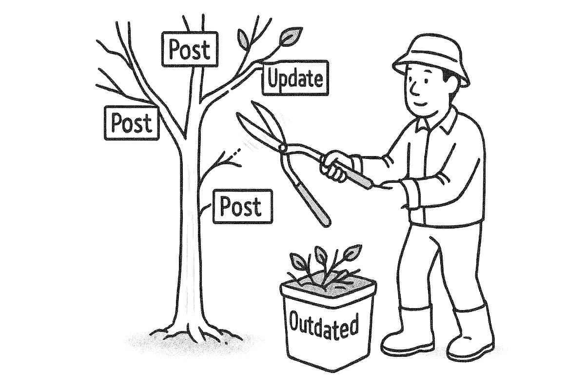Gardener trims post tree, discards outdated content.