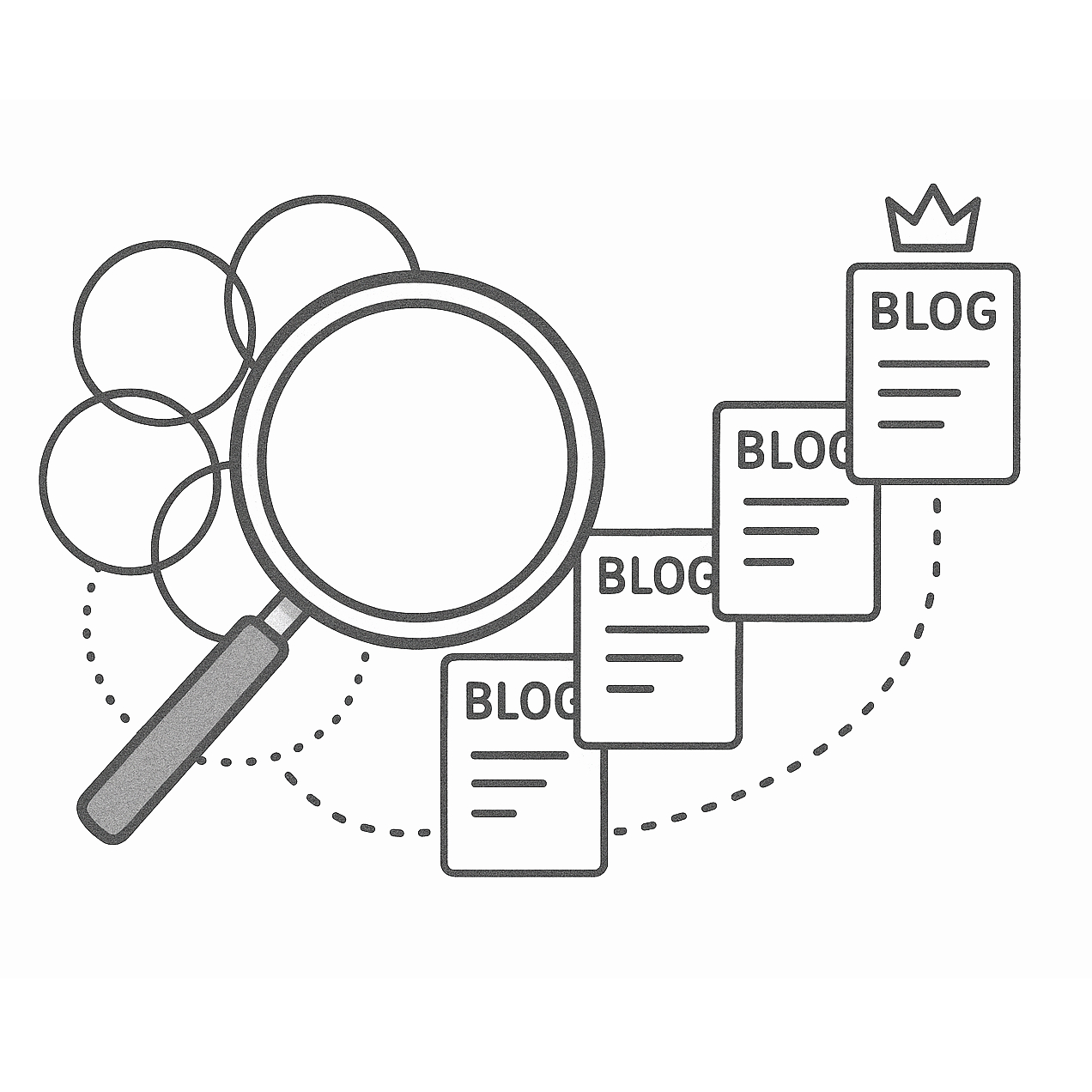Magnifying glass analysing blog pages with crown.