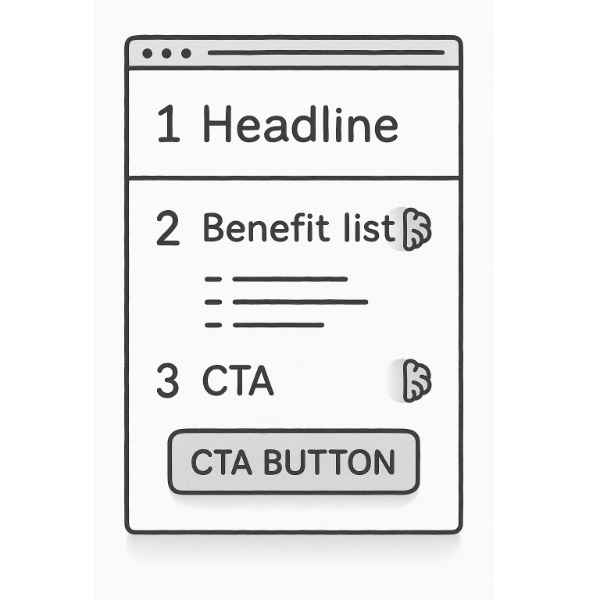 Wireframe with headline, benefit list, and CTA button.