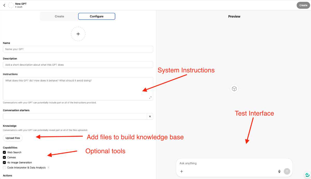 GPT setup interface with configuration options displayed.