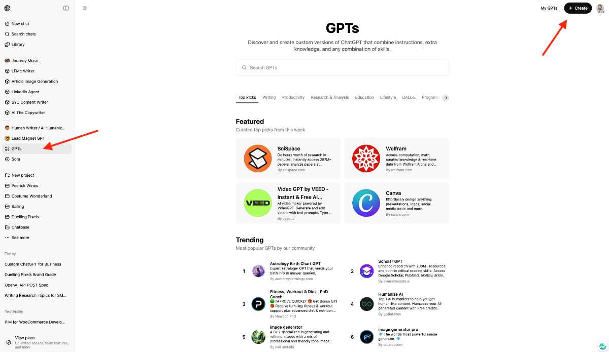 GPTs dashboard with featured AI tools.