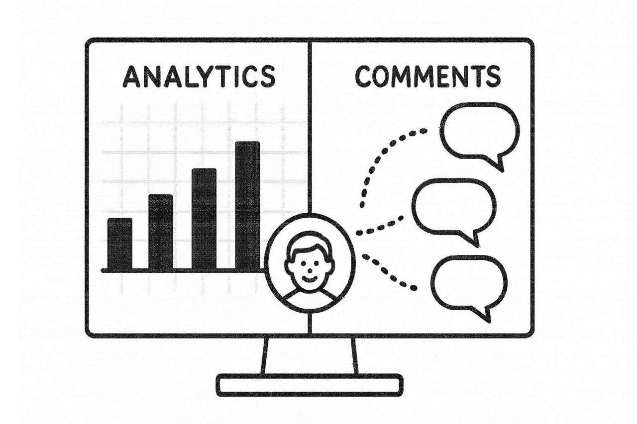 Analytics and comments on computer screen illustration.