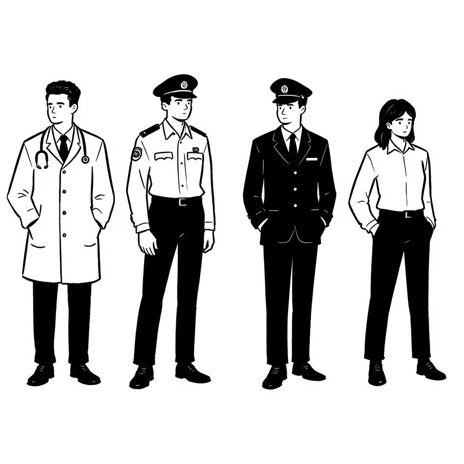 Illustration of four people in different professional uniforms.