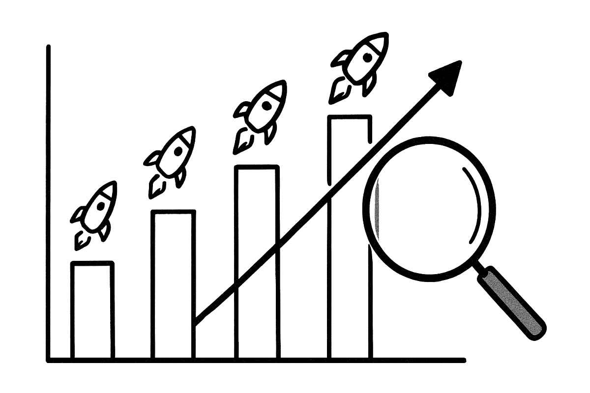 Rocket growth chart with magnifying glass, upward trend.