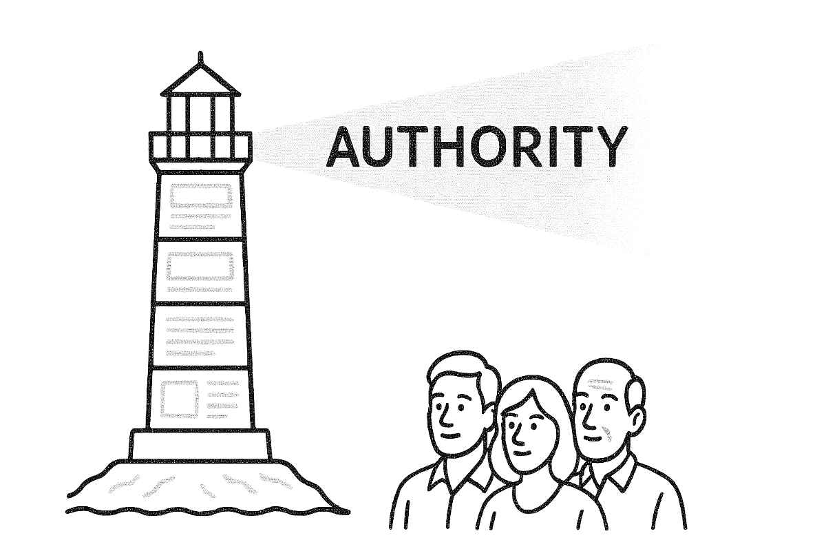Lighthouse projecting authority over group of people.