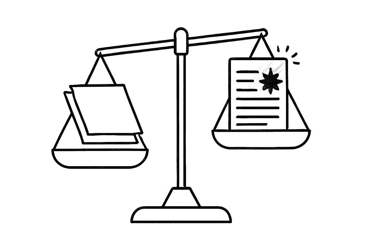 Scales balancing multiple documents and a star-marked page.