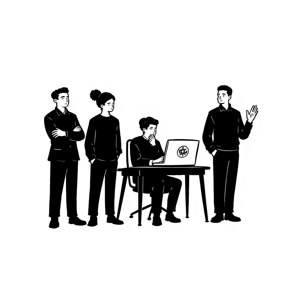 Team meeting discussion around laptop