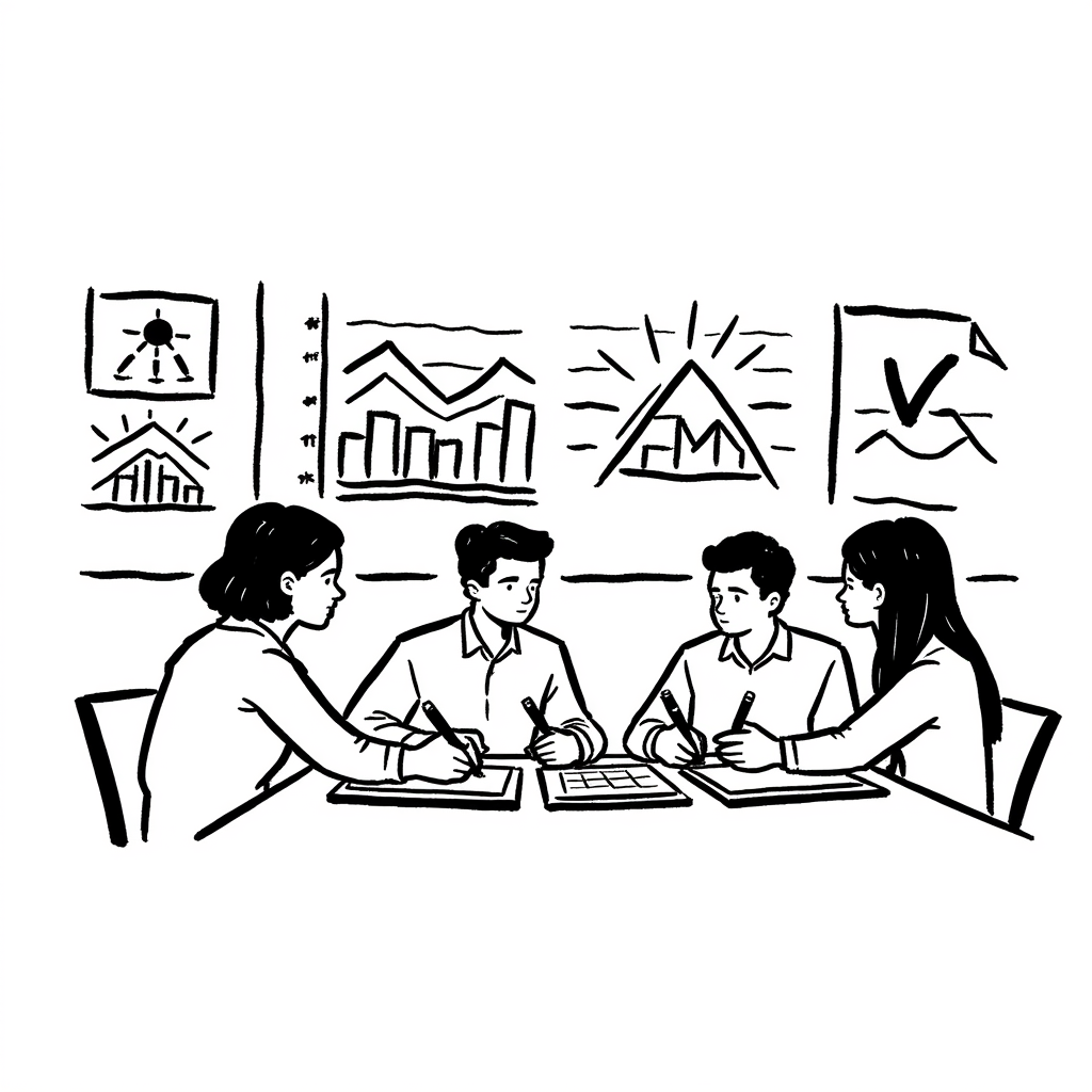Group discussing business graphs and charts.