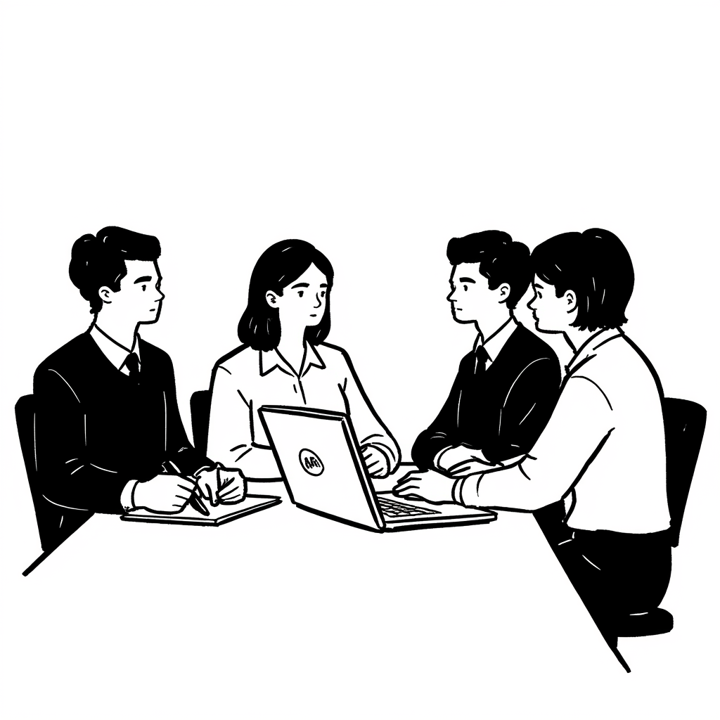 Illustration of business meeting around laptop.