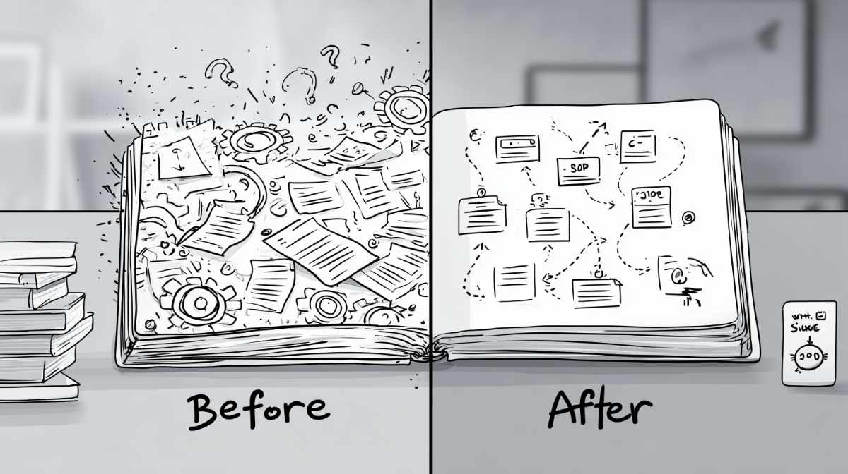 Book showing before chaos, after organisation.