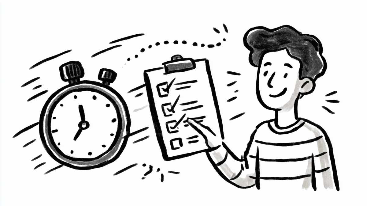 Person checking tasks with stopwatch nearby.