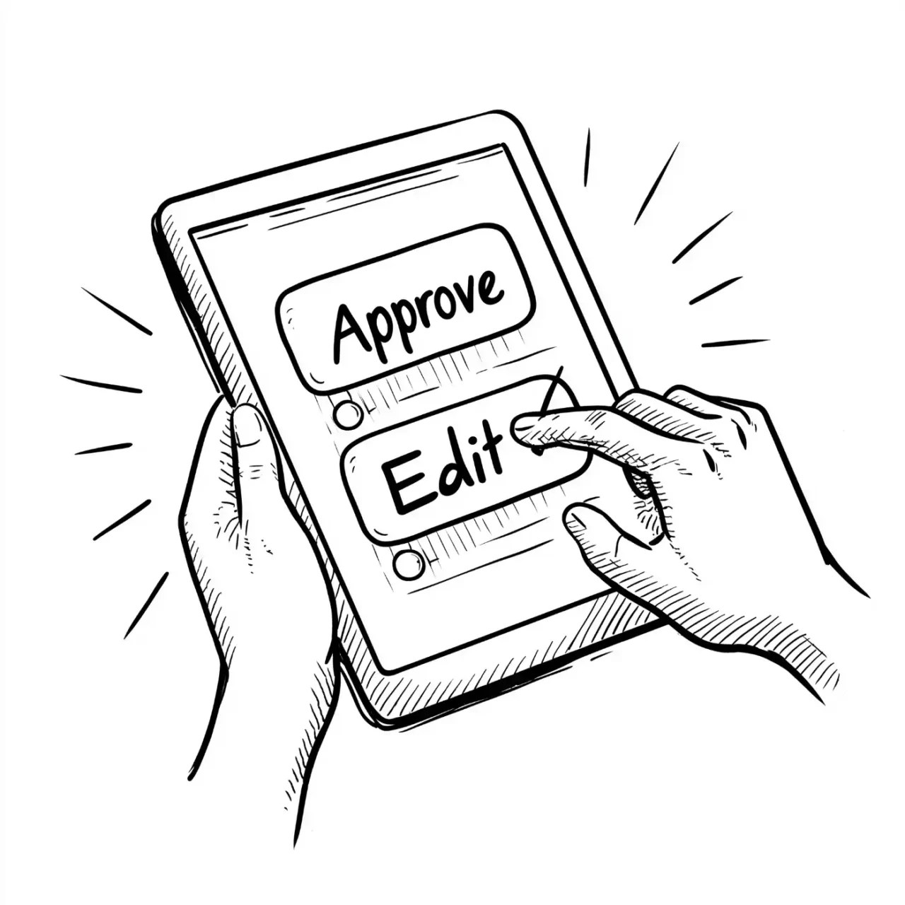 Tablet interface with approve and edit buttons.