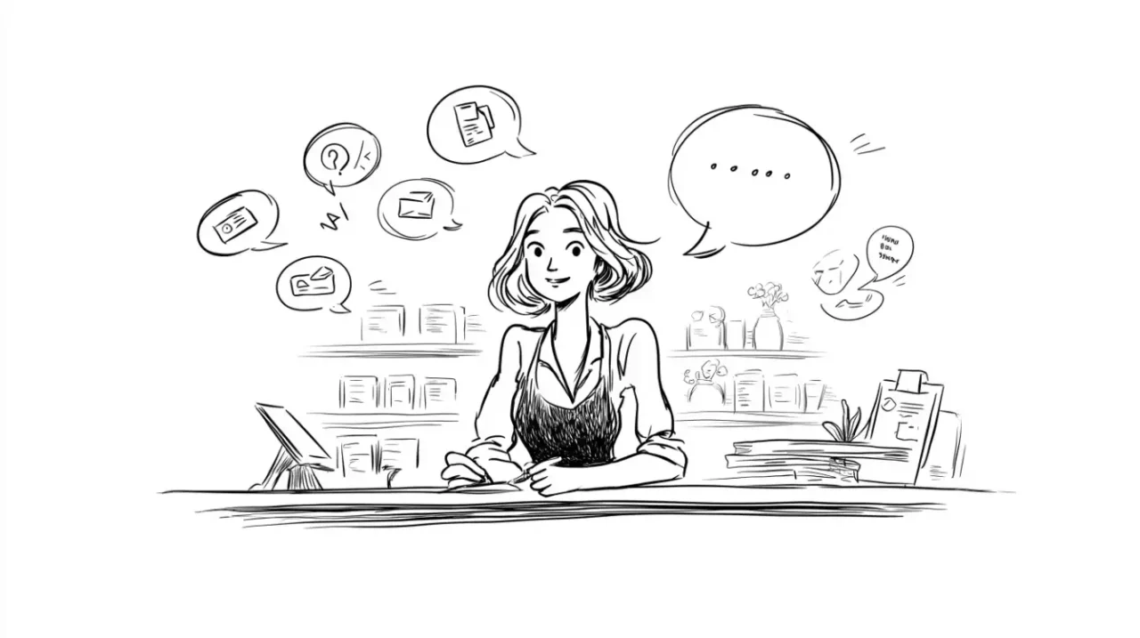 Illustration of woman at desk with speech bubbles.