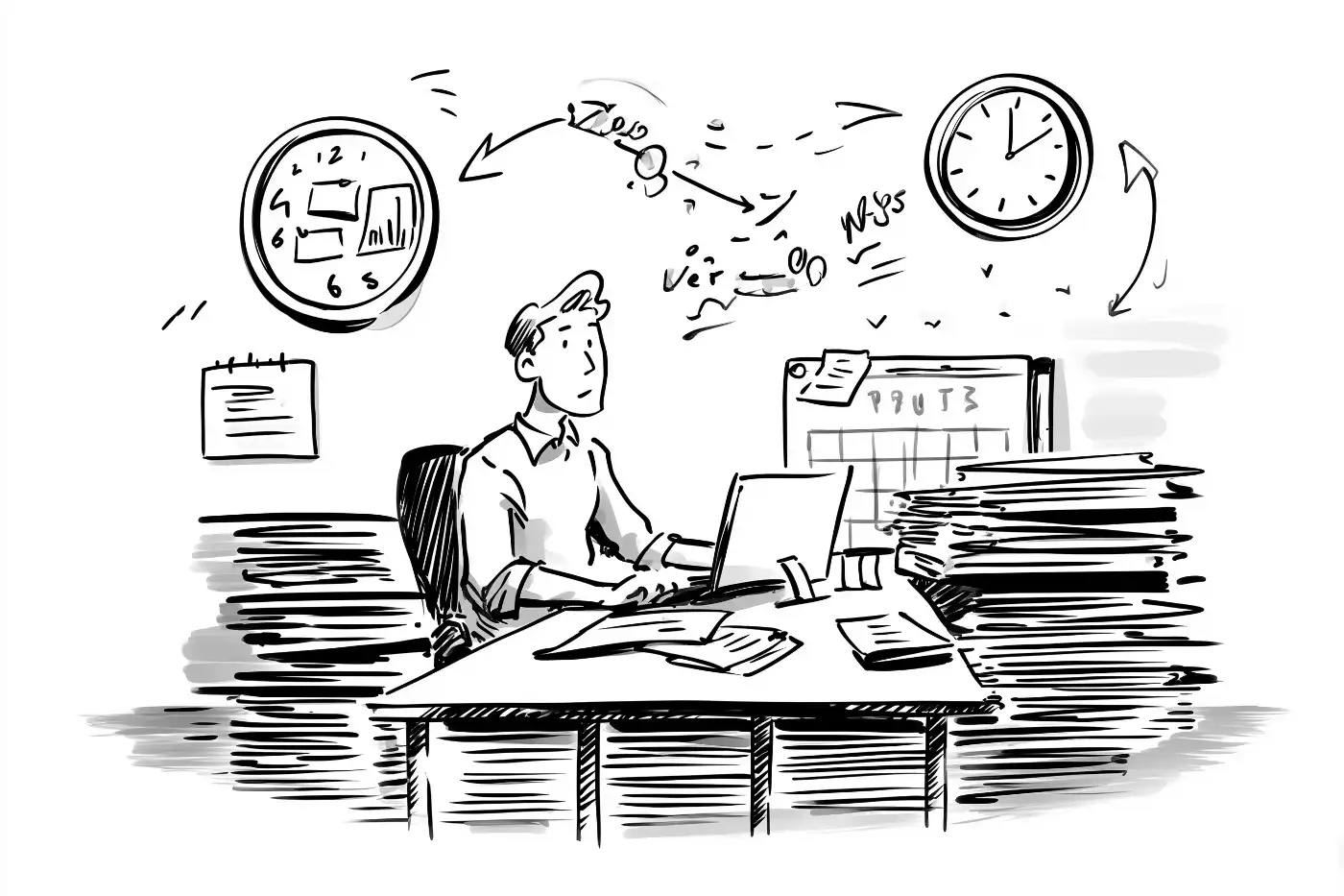 Office worker managing time and paperwork at desk