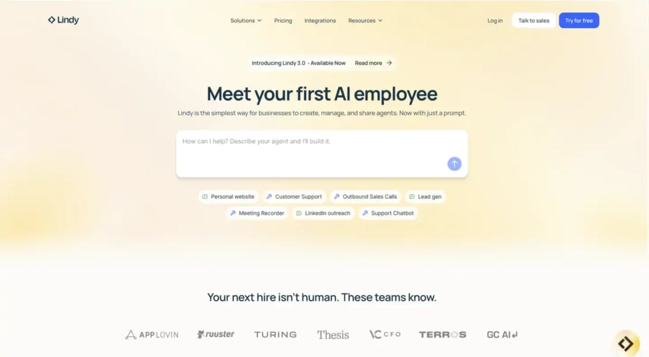 Lindy AI employee platform homepage with product features.