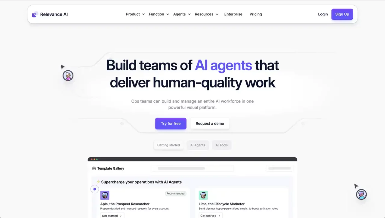 Relevance AI homepage with demo request option.