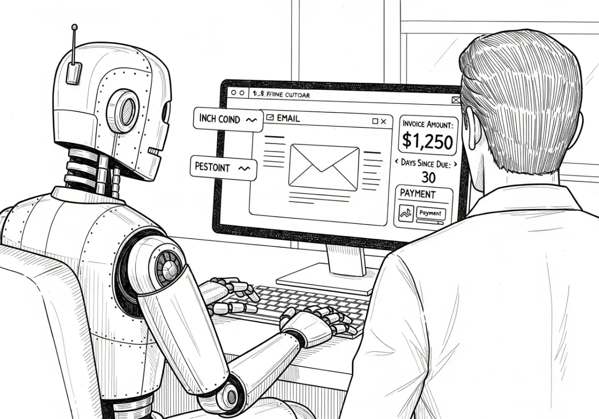 Robot and man view unpaid invoice on computer screen.