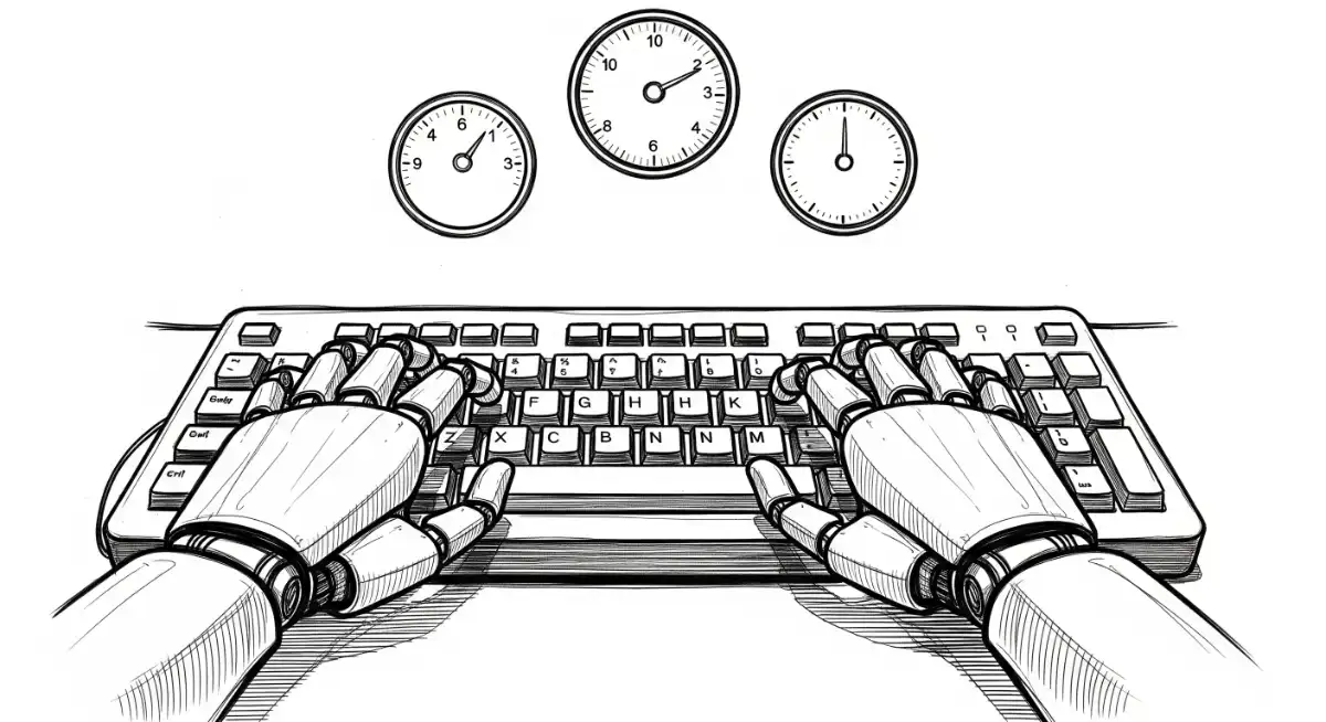 Robot hands typing on keyboard with clocks above.