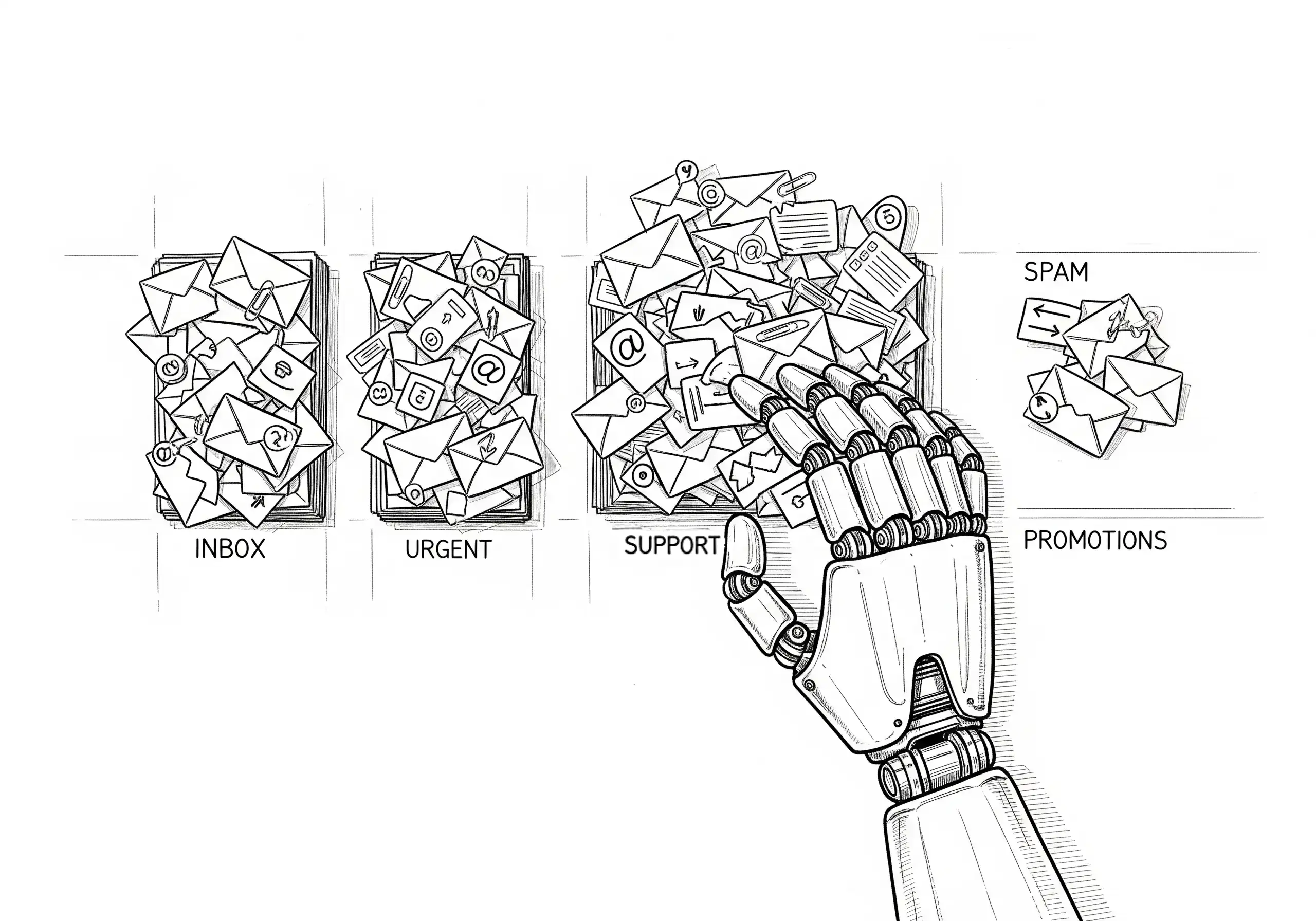 Robot hand sorting emails into categories.