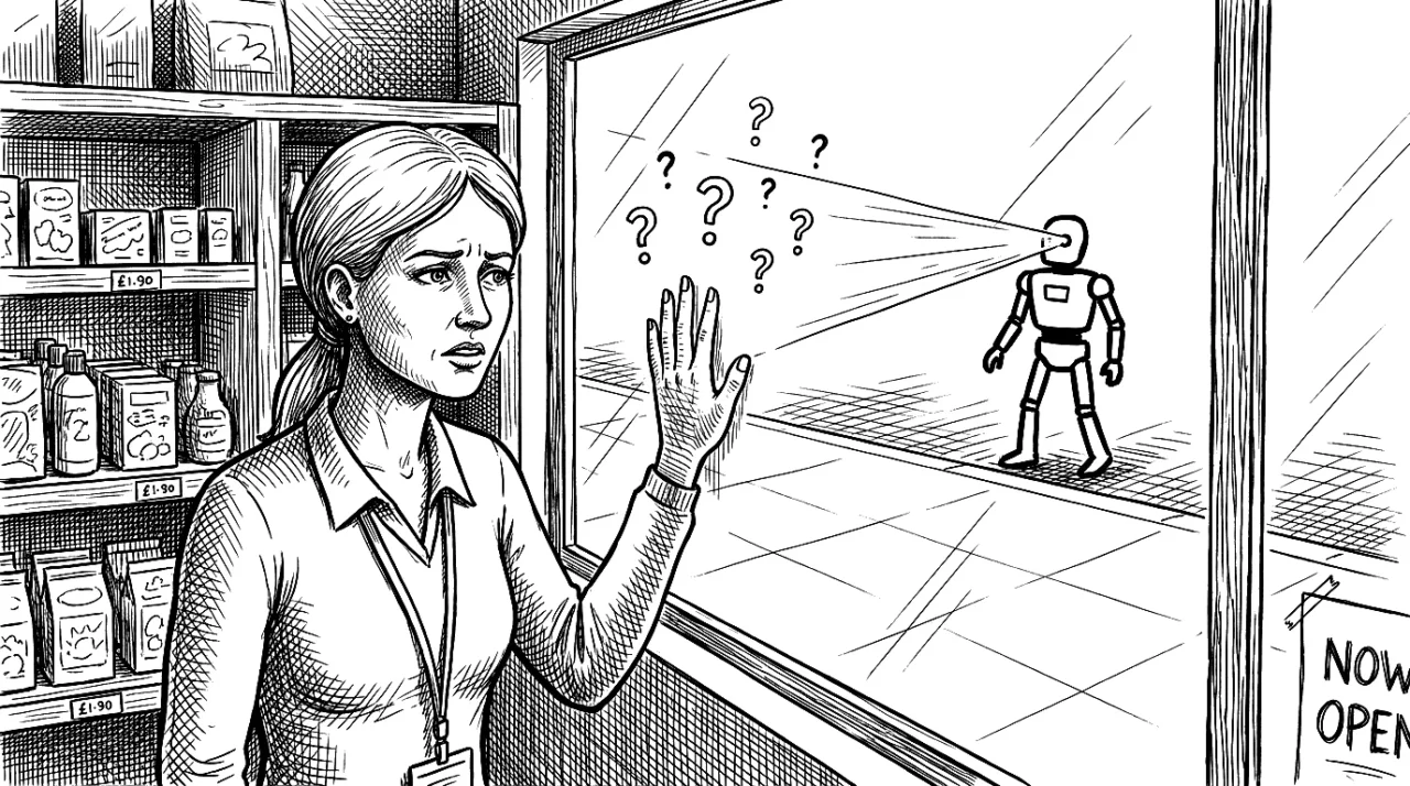 Shop worker blocking a robot from entering a store