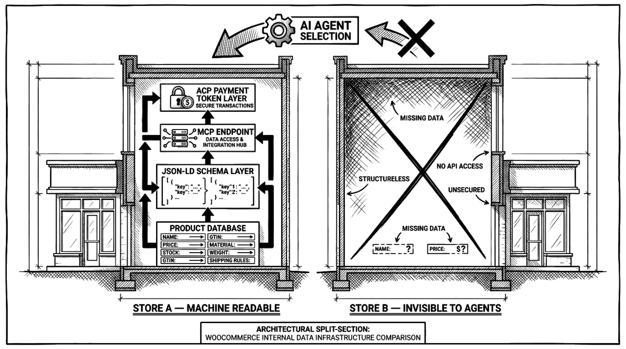 WooCommerce AI agent data infrastructure comparison diagram