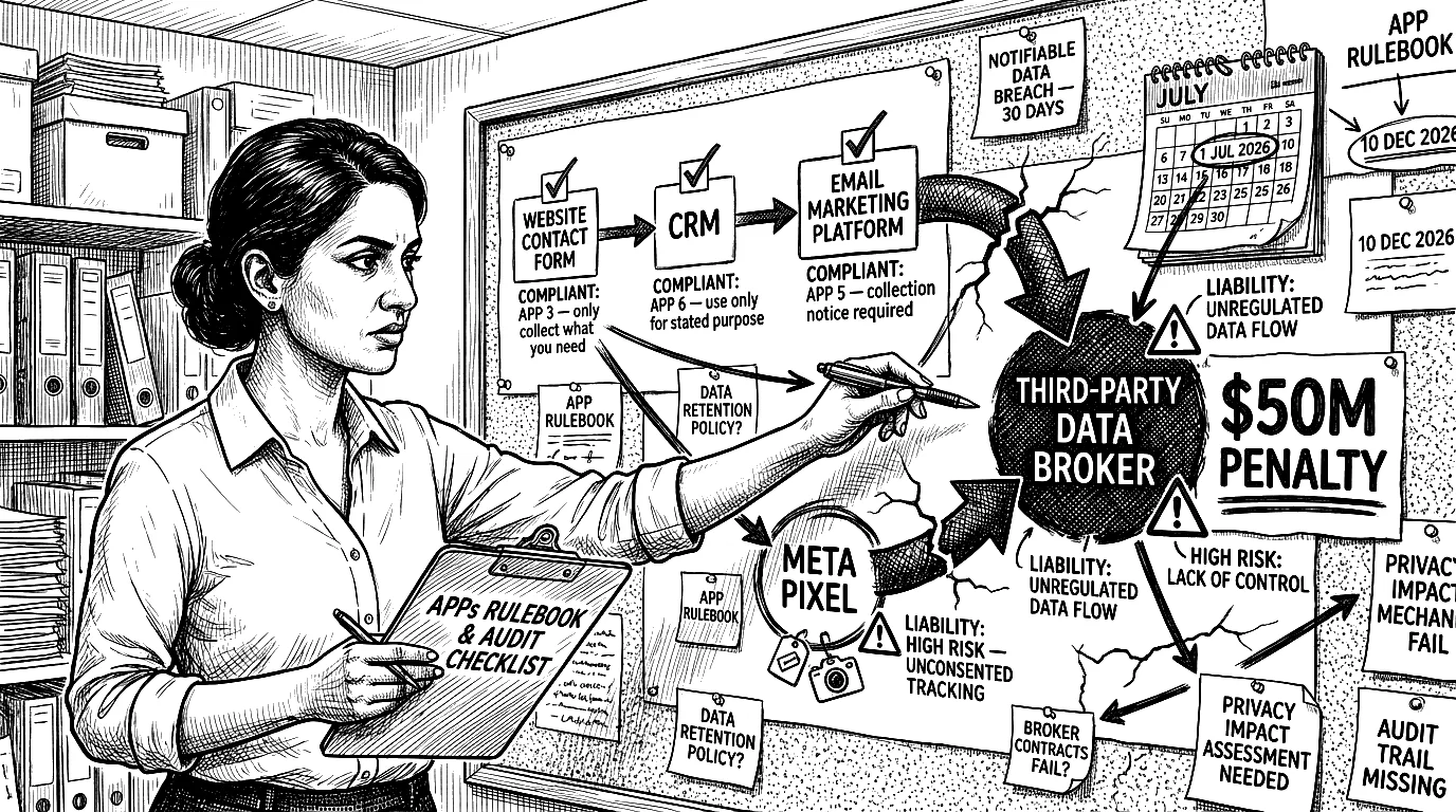 Woman auditing data privacy compliance chart with penalty warnings
