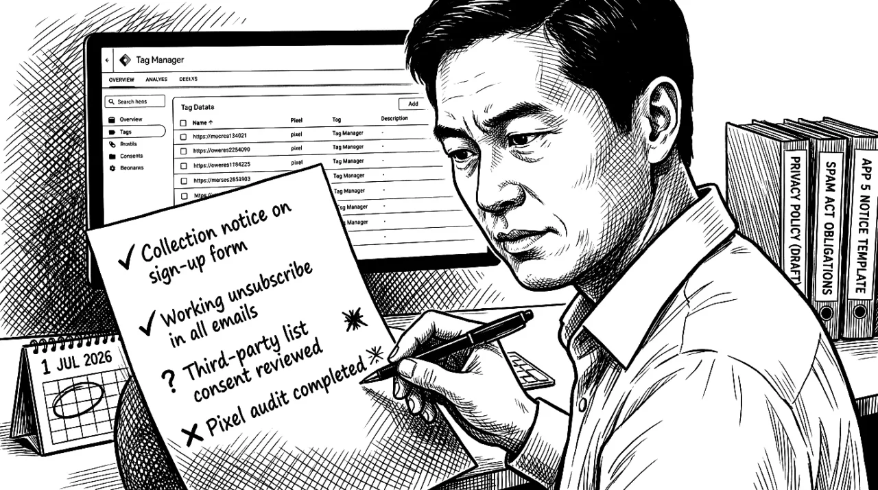 Man reviewing privacy compliance checklist with Tag Manager screen