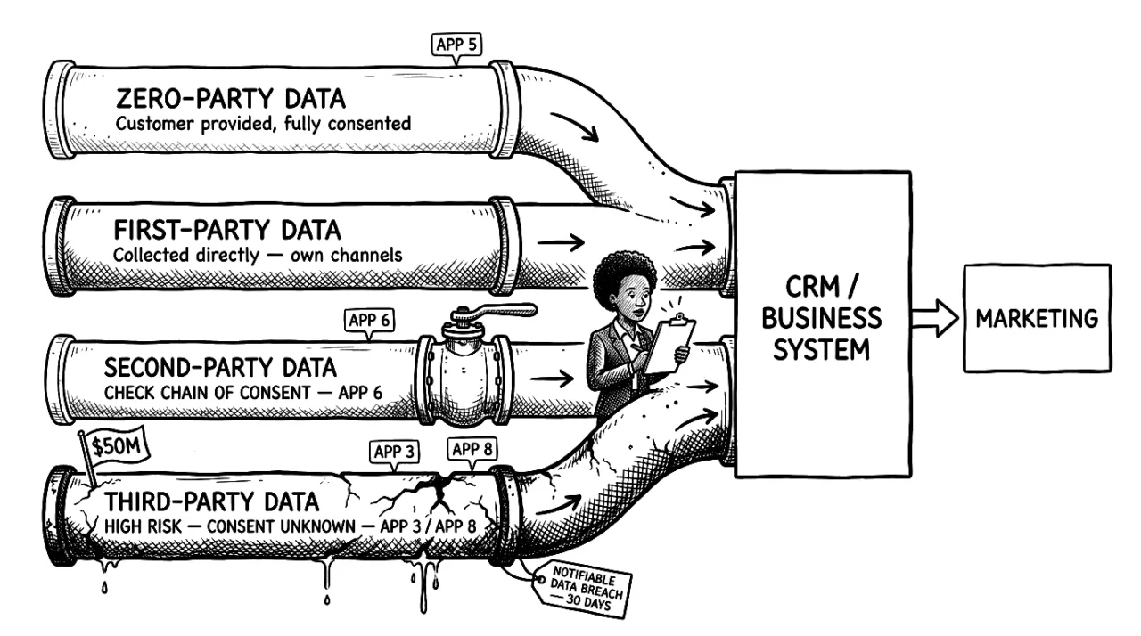 Data pipeline diagram showing zero to third-party data types