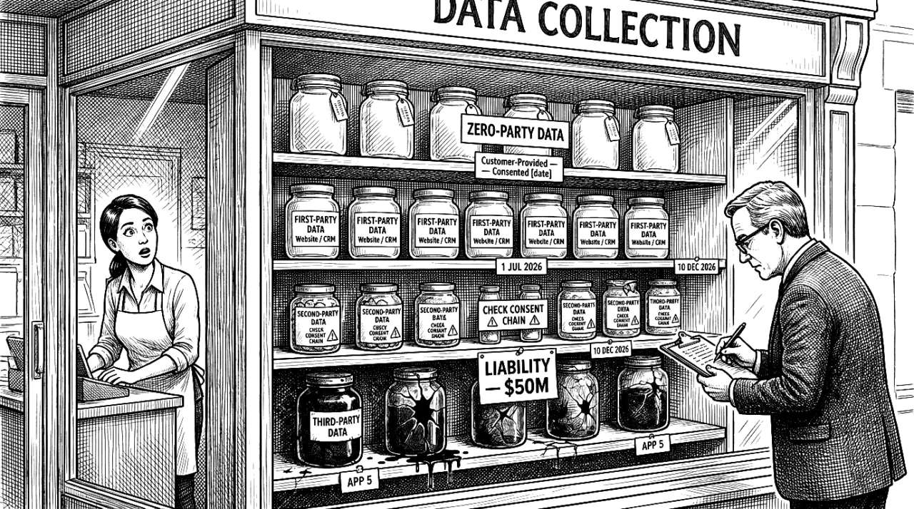 Illustration of data collection shop with labelled jars and liability warning
