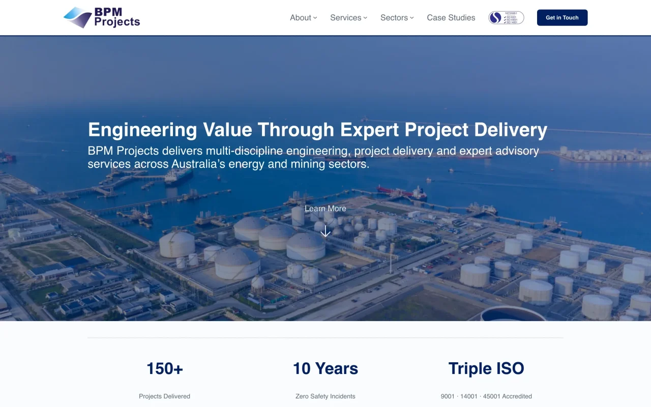 BPM Projects homepage featuring aerial view of industrial port facility