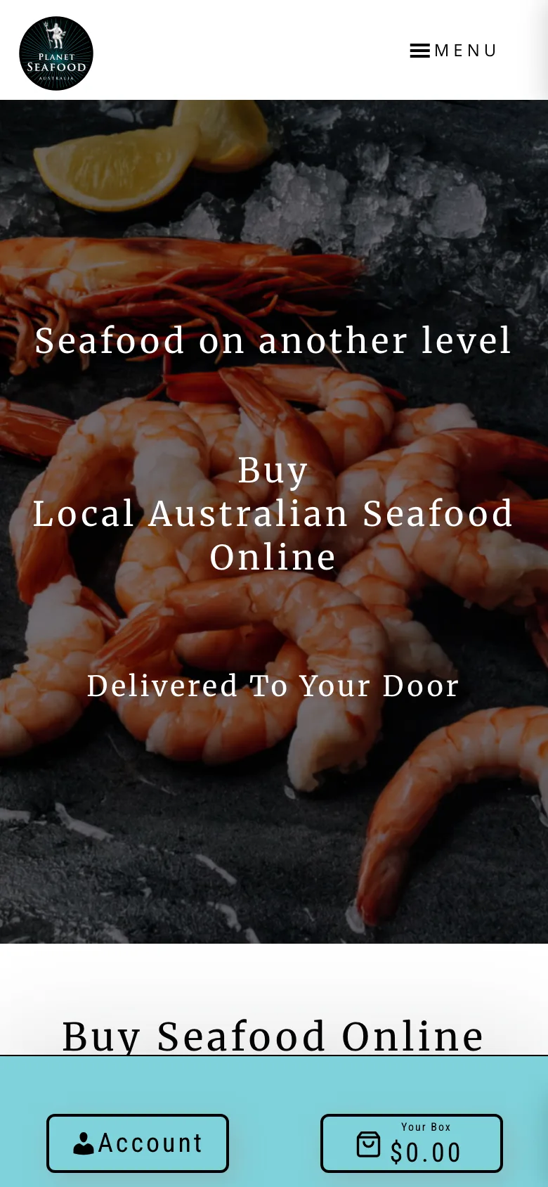 Planet Seafood Australia website homepage with fresh prawns