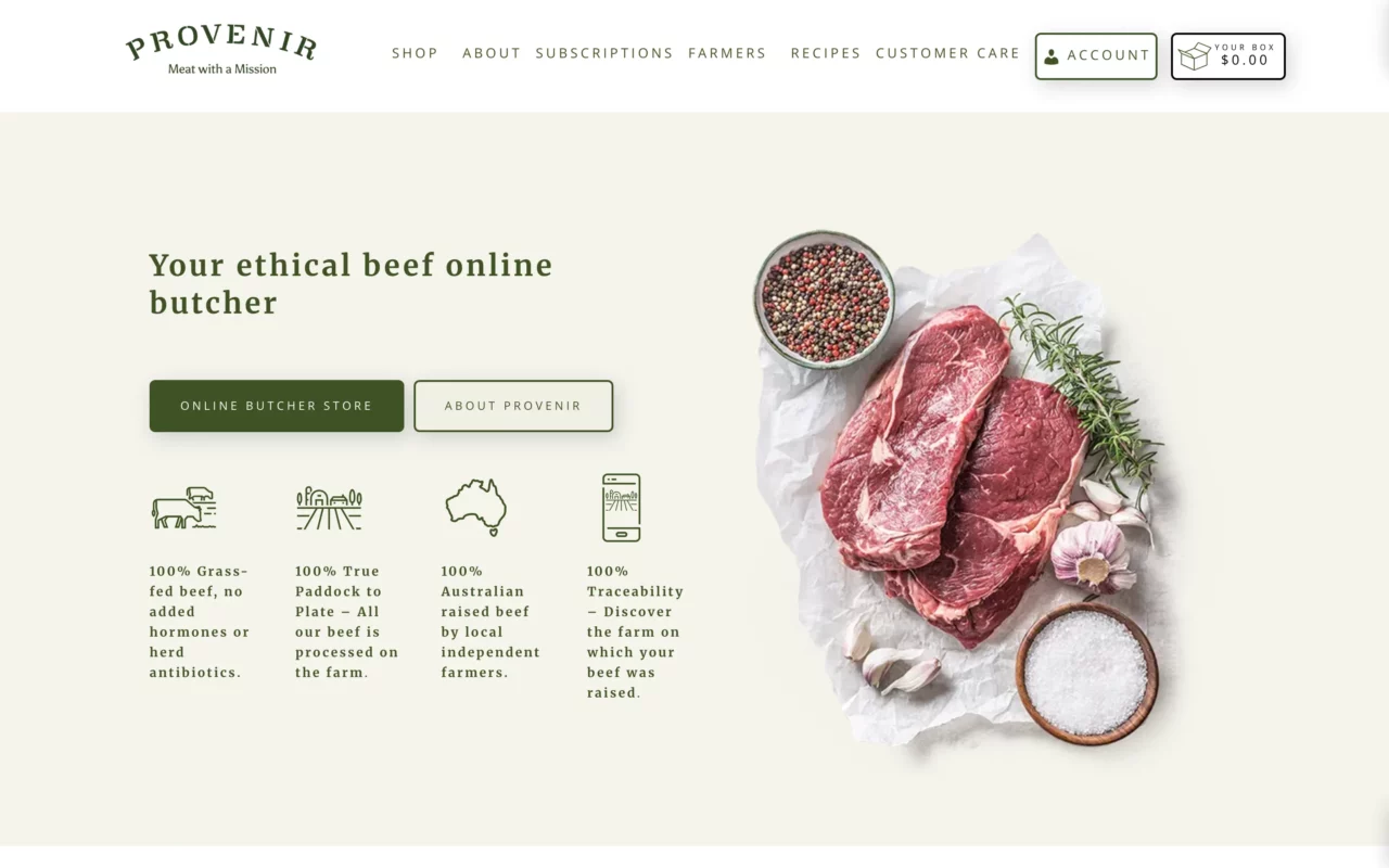 Provenir ethical online butcher homepage with fresh beef steaks