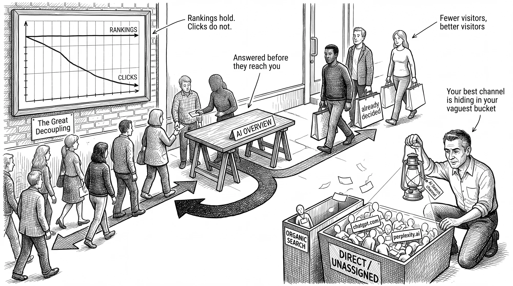 Pen and ink illustration: a shop owner watches his rankings hold flat while his clicks collapse, customers are intercepted at an AI Overview desk before reaching his door, and the few who arrive have their referrer stripped into a Direct and Unassigned bin
